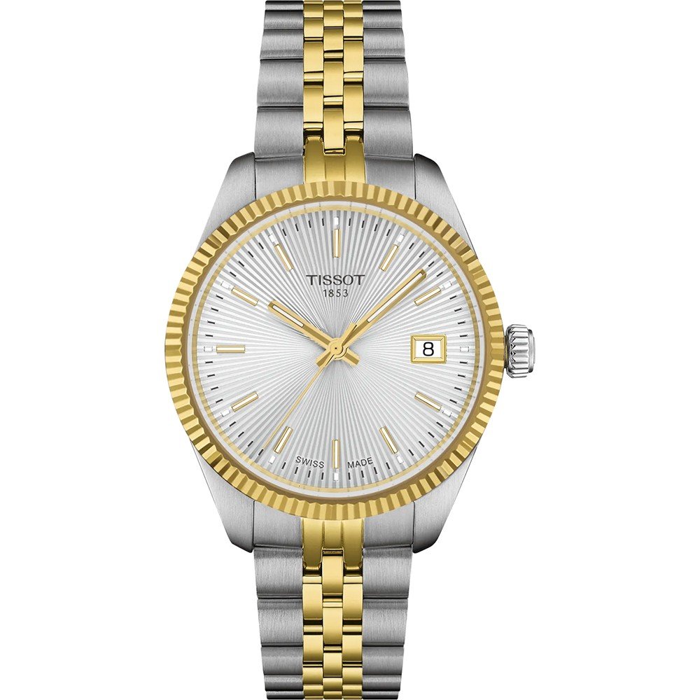 Zilveren horloge met gouden details, 34mm wijzerplaat, streepdial en datumaanduiding.
