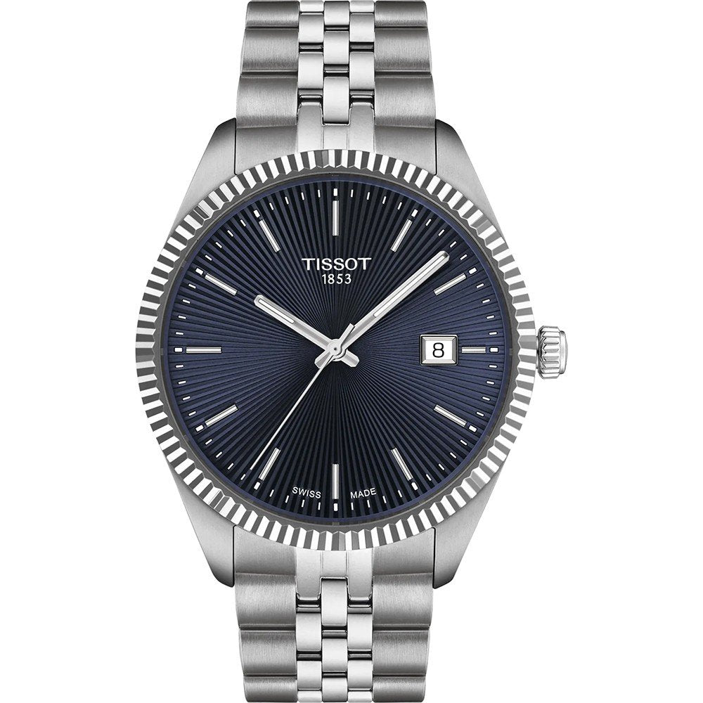 Stalen horloge met een blauwe wijzerplaat, streepjesindex en datumaanduiding, voorzien van een schakelband.