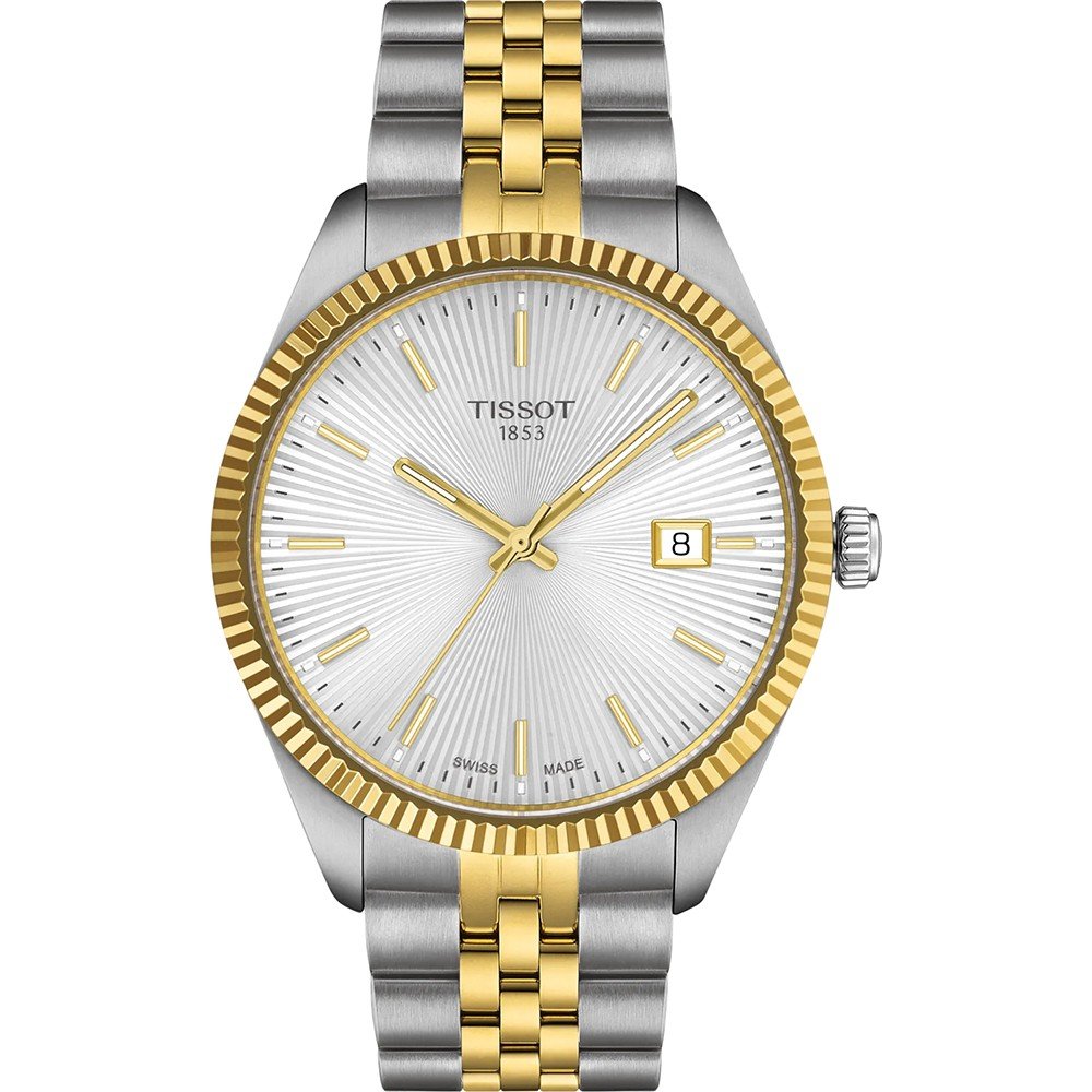 Stalen horloge met een zilveren wijzerplaat, gouden details en een bicolor mesh-band.