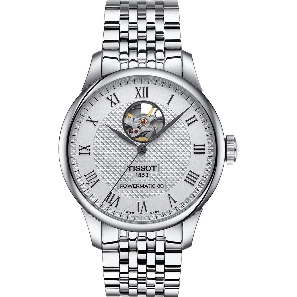 Zilveren horloge met open hart, ronde wijzerplaat, Romeinse cijfers en een mesh-band.