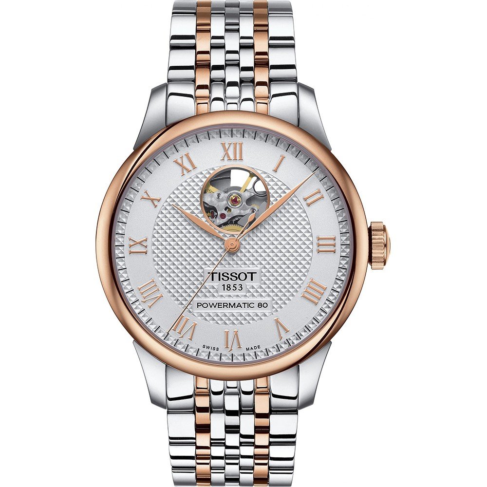 Zilveren horloge met roségouden details, open hart, witte wijzerplaat en een gestructureerde band.