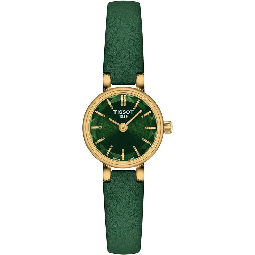 Gouden horloge met groene wijzerplaat en groene leren band.