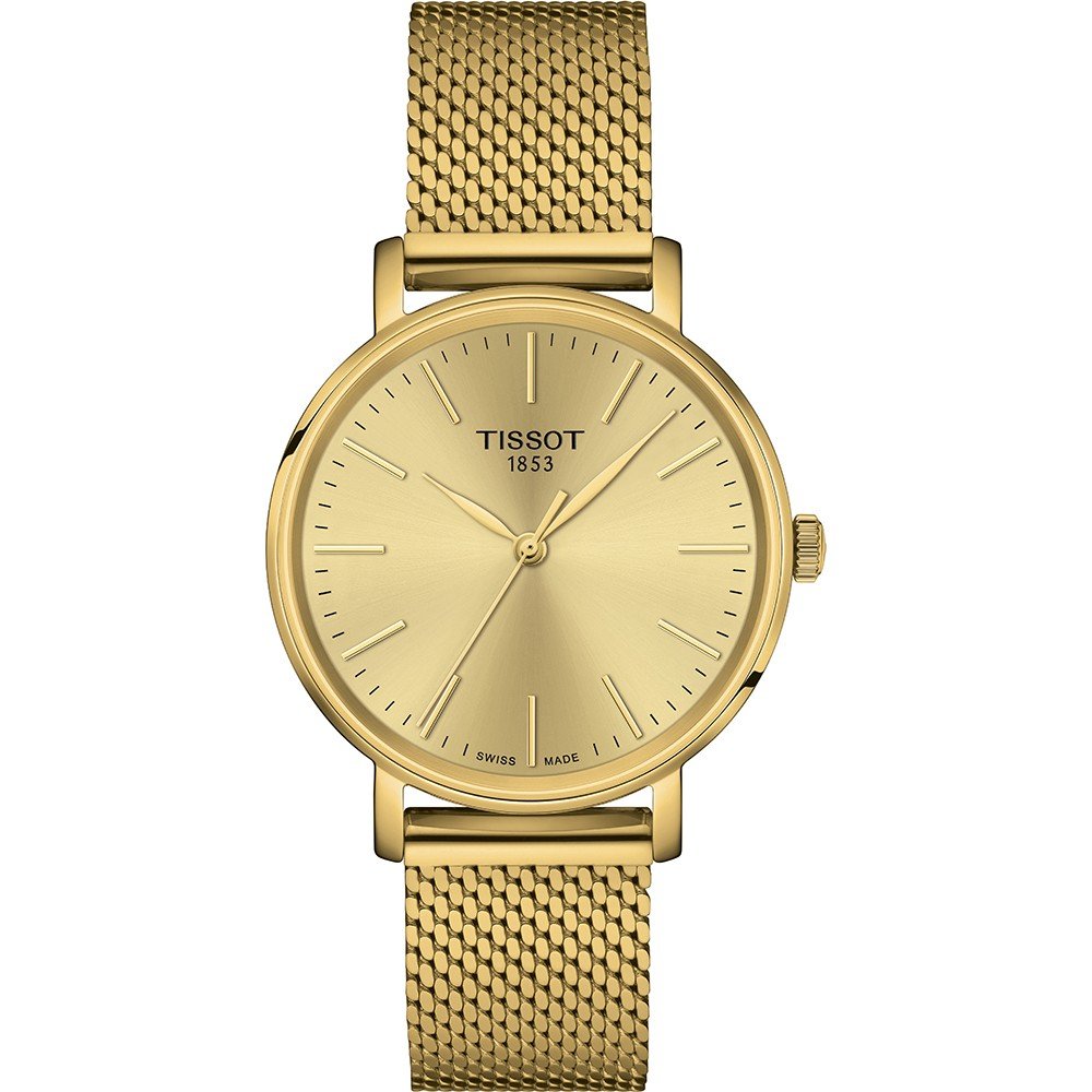 Gouden horloge met een 34mm wijzerplaat en een mesh-band.