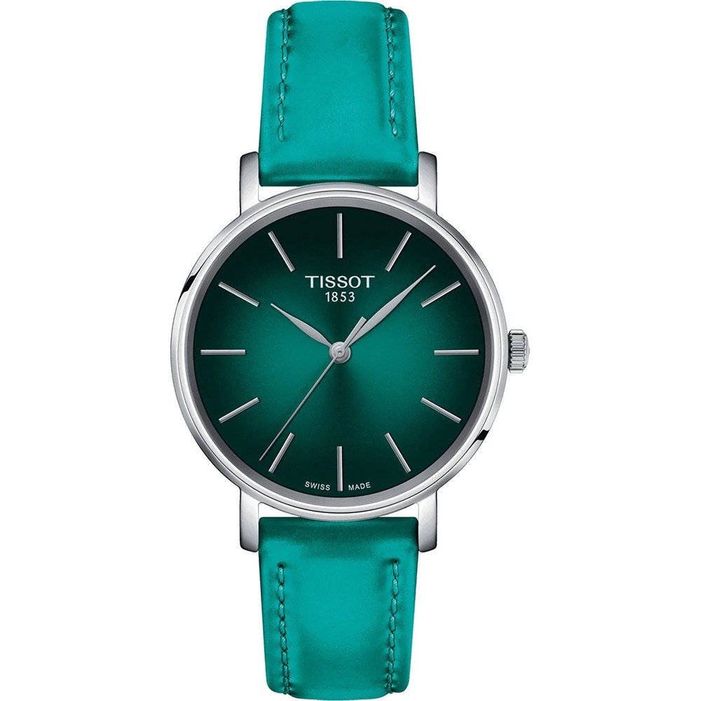 Zilveren horloge met groene wijzerplaat en turquoise leren band, 34 mm.