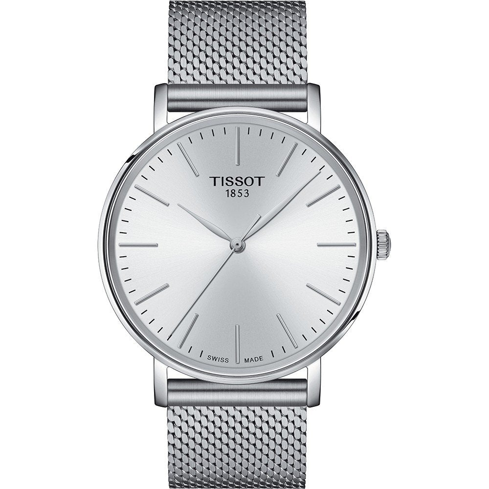 Zilveren horloge met een minimalistische wijzerplaat en een mesh-band van staal.