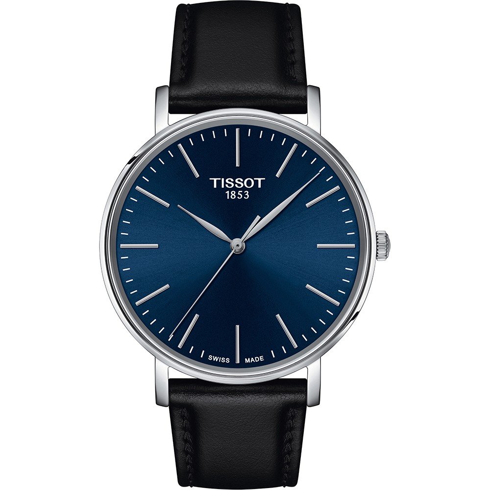 Zilveren horloge met een blauwe wijzerplaat en zwarte leren band, 40 mm diameter.