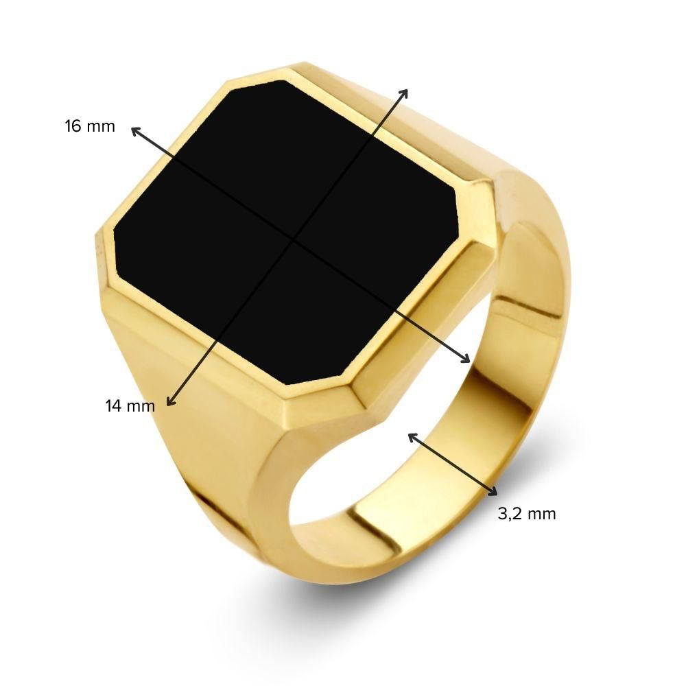 De Massieve 14 Karaat Gele Gouden Zegelring voor Heren met Zwarte Onyx Steen van Excellent Jewelry heeft een grote zeshoekige onyx (16 x 14 mm) en een 3,2 mm band-een stijlvolle keuze voor heren.