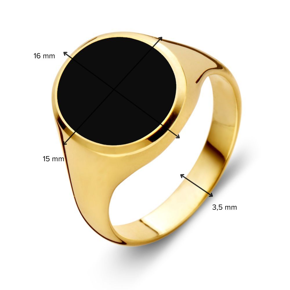 De Massieve 14 Karaat Gele Gouden Zegelring voor Heren met Zwarte Onyx Steen van Excellent Jewelry heeft een ronde top van 16 x 15 mm en een 3,5 mm brede band - een stijlvol en tijdloos ontwerp.