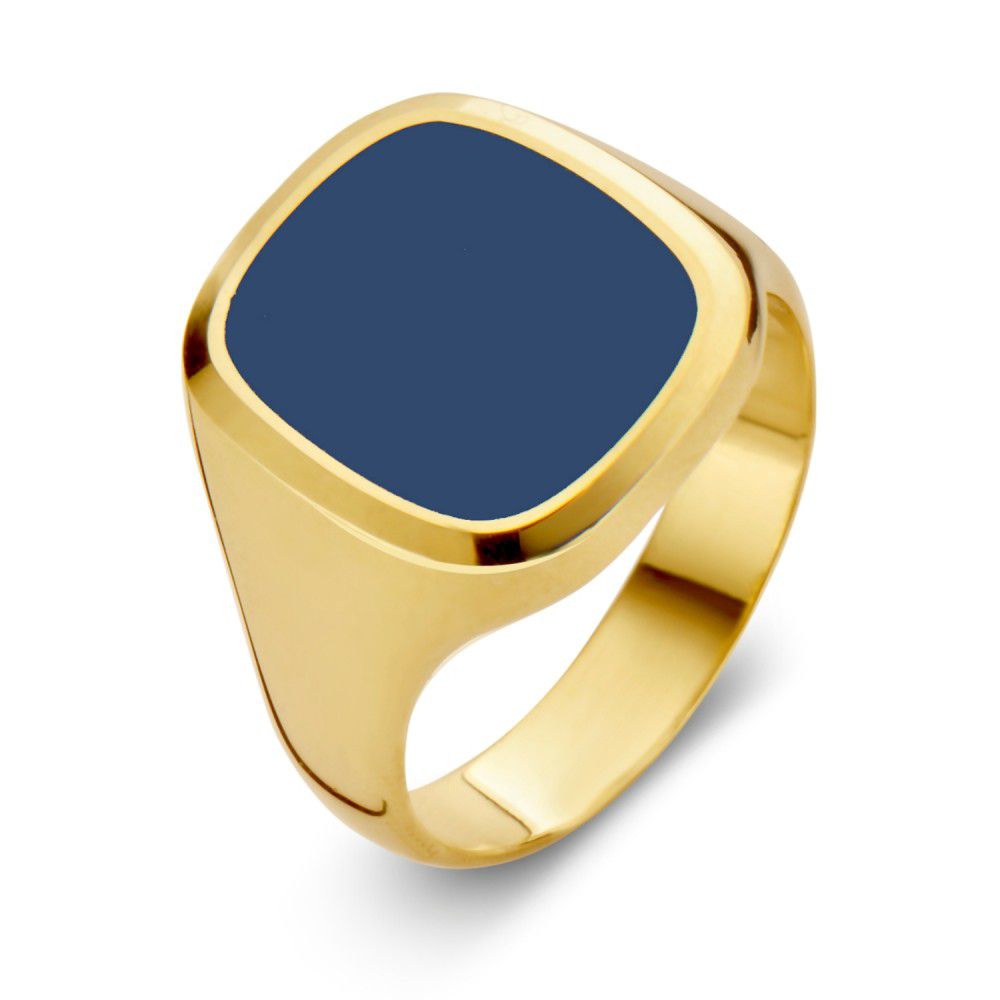 De Handgemaakte 14 Karaat Gele Gouden Zegelring voor Heren met Blauw Lagensteen van Excellent Jewelry heeft een brede, vierkante vorm en een gepolijste afwerking die elegant schittert.