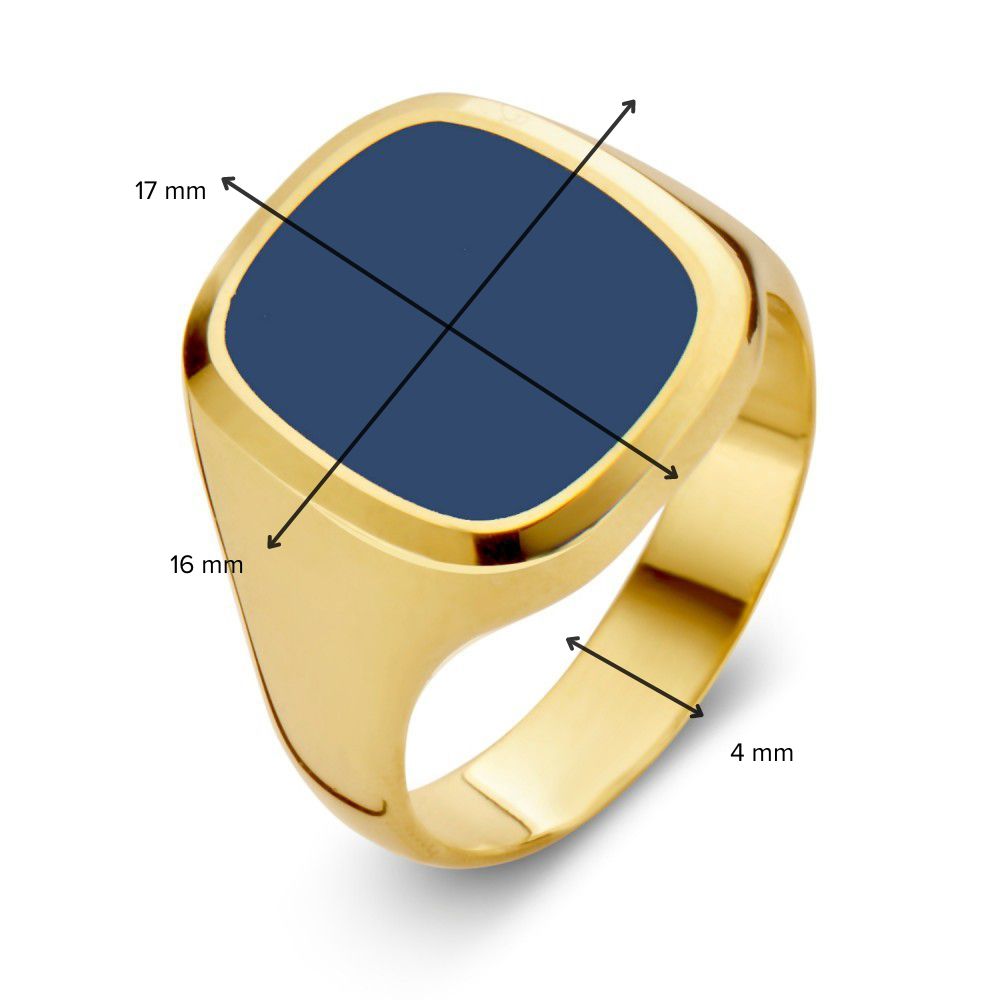 De Handgemaakte 14 Karaat Gele Gouden Zegelring voor Heren met Blauw Lagensteen van Excellent Jewelry heeft een donkerblauwe ovale steen (17x16 mm) en een band van 4 mm; zwarte pijlen tonen de afmetingen.