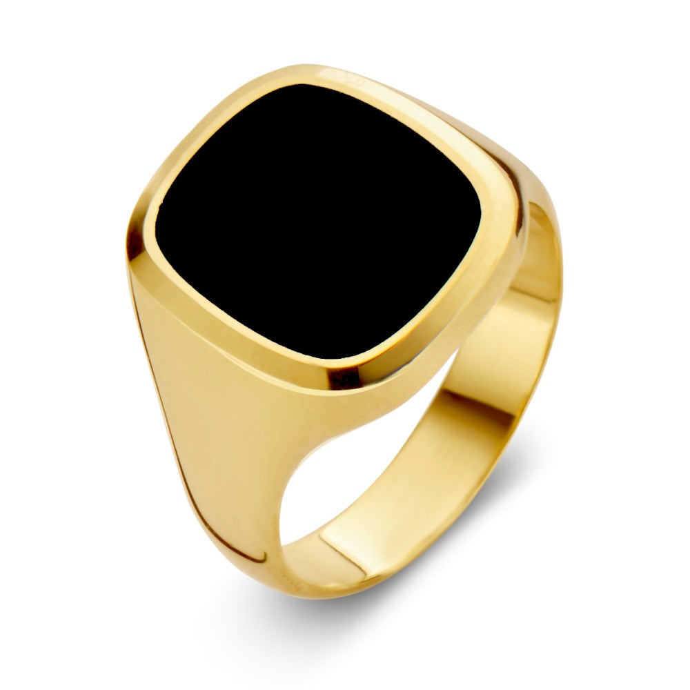 Een gouden zegelring met een gladde, vierkante zwarte onyx past perfect bij Excellent Jewelry's 14 Karaat Gele Gouden Oorstekers met Onyx voor Dames - Luxe en Elegantie voor een tijdloze look.