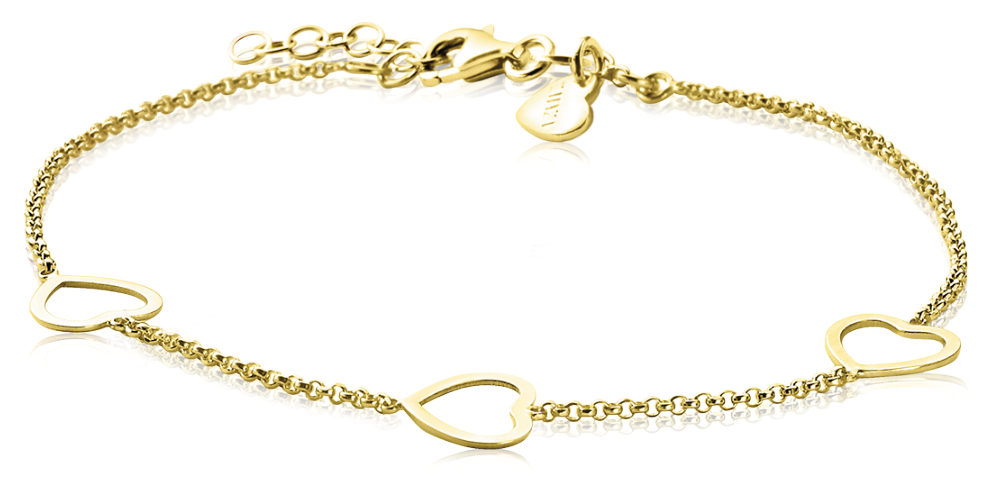 Gouden armband met drie hartvormige schakels en een fijne schakelketting.