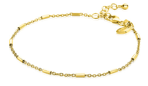 De Zinzi Armband Gold Plated Zia1648 G, geïnspireerd op de ZINZI zilveren fantasie armband, heeft een gouden ketting met kleine cilindrische schakels, een verstelbare sluiting voor een pasvorm van 17-20 cm en een charmant detail bij de sluiting.