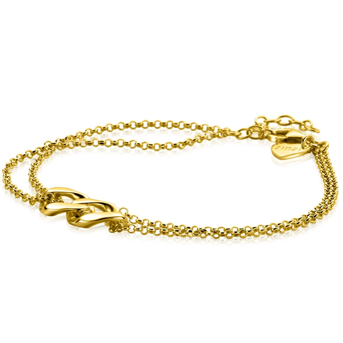 De Zinzi Armband Goud Verguld Zia2331 heeft een dubbel kettingontwerp met gourmetschakels, een hartvormig bedeltje bij de sluiting en is verbonden met drie in elkaar verstrengelde lussen in het midden.