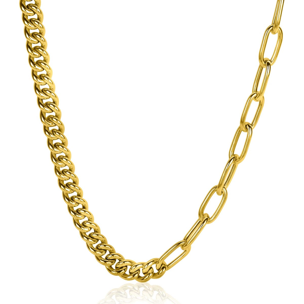 Gouden ketting met een combinatie van schakels in verschillende vormen en afmetingen.