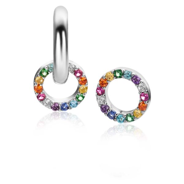 De Zinzi Oorbellen Zilver Zich2170Z zijn gepolijste zilveren creolen van Zinzi, met regenboogkleurige bedels versierd met veelkleurige edelstenen in een stralend patroon.