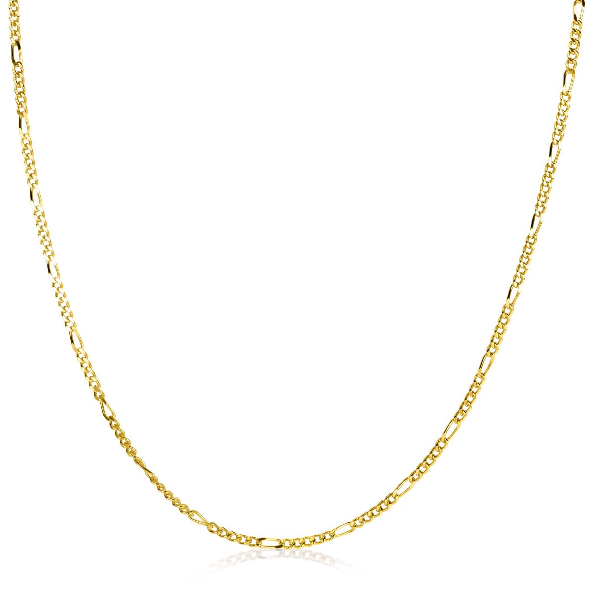 Gouden ketting met een combinatie van schakels in verschillende vormen en afwerkingen.