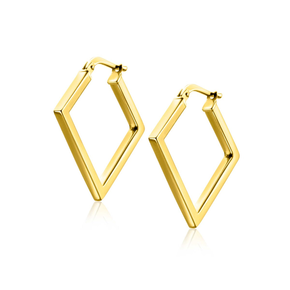 Gouden, geometrische oorbellen in een ruitvorm met een glanzende afwerking.