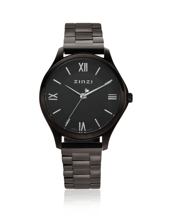 Zwart stalen horloge met ronde wijzerplaat, Romeinse cijfers en een schakelband.