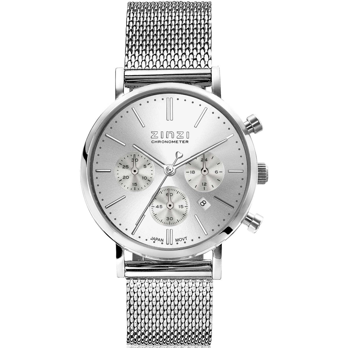 Zilverkleurig horloge van staal met mesh-band en een zilveren wijzerplaat met drie subdials.