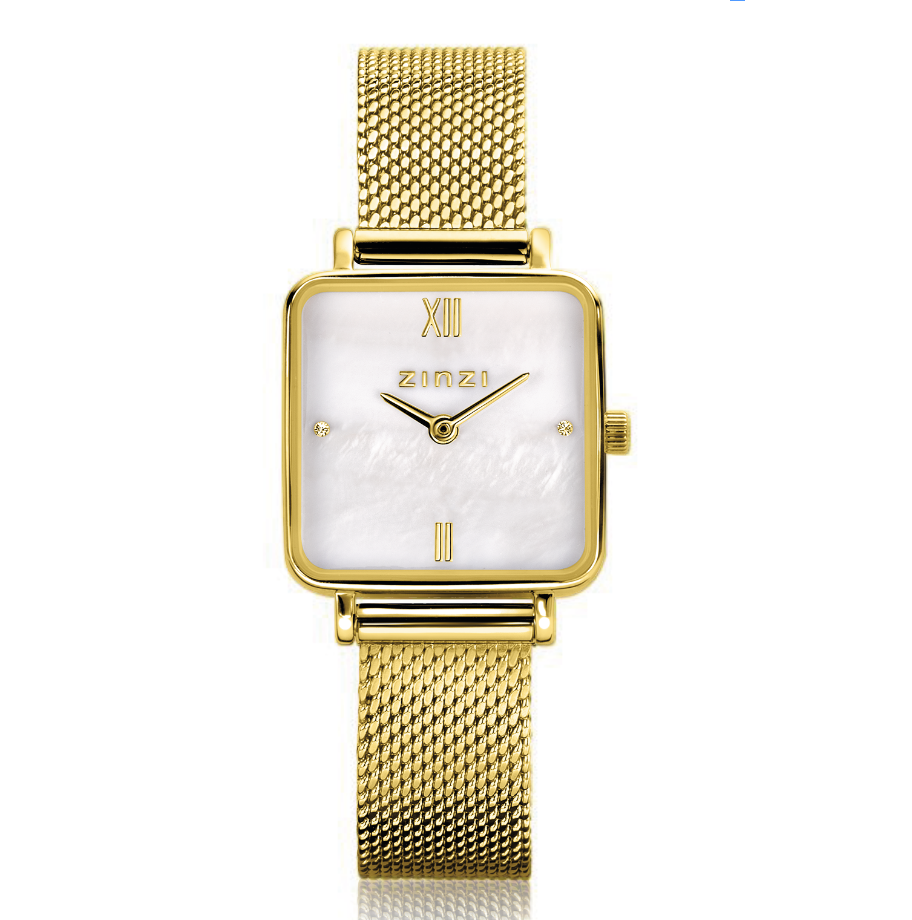 Geelgoudkleurig horloge met vierkante kast, witte wijzerplaat en mesh-band.