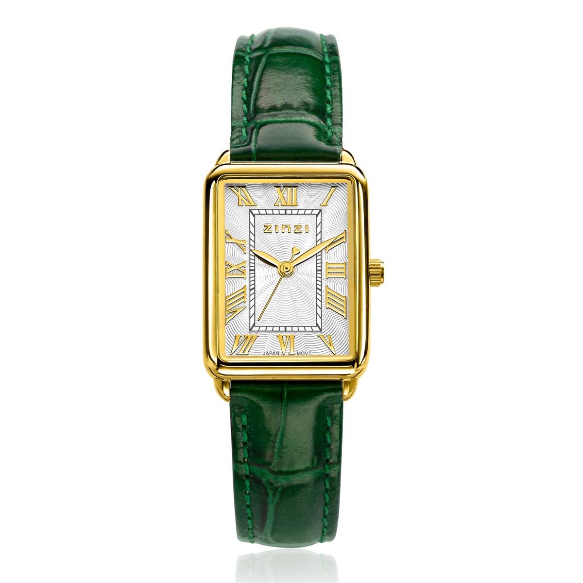 Gouden horloge met rechthoekige wijzerplaat en groene leren band.
