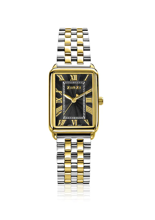 Bicolor horloge van staal met een zwarte wijzerplaat, gouden accenten en een rechthoekige kast.