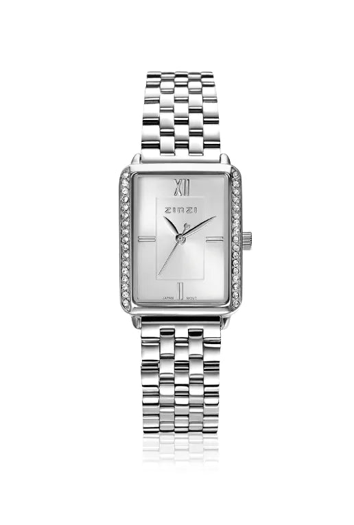 Zilverkleurig horloge van staal met rechthoekige wijzerplaat en strass-steentjes rondom.