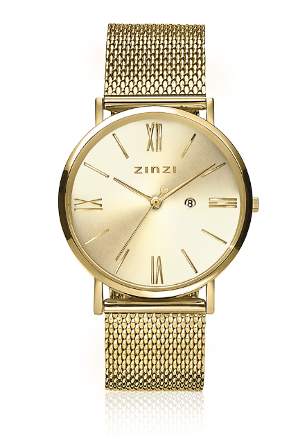Gouden horloge van staal met een mesh-band en een ronde wijzerplaat met Romeinse cijfers.