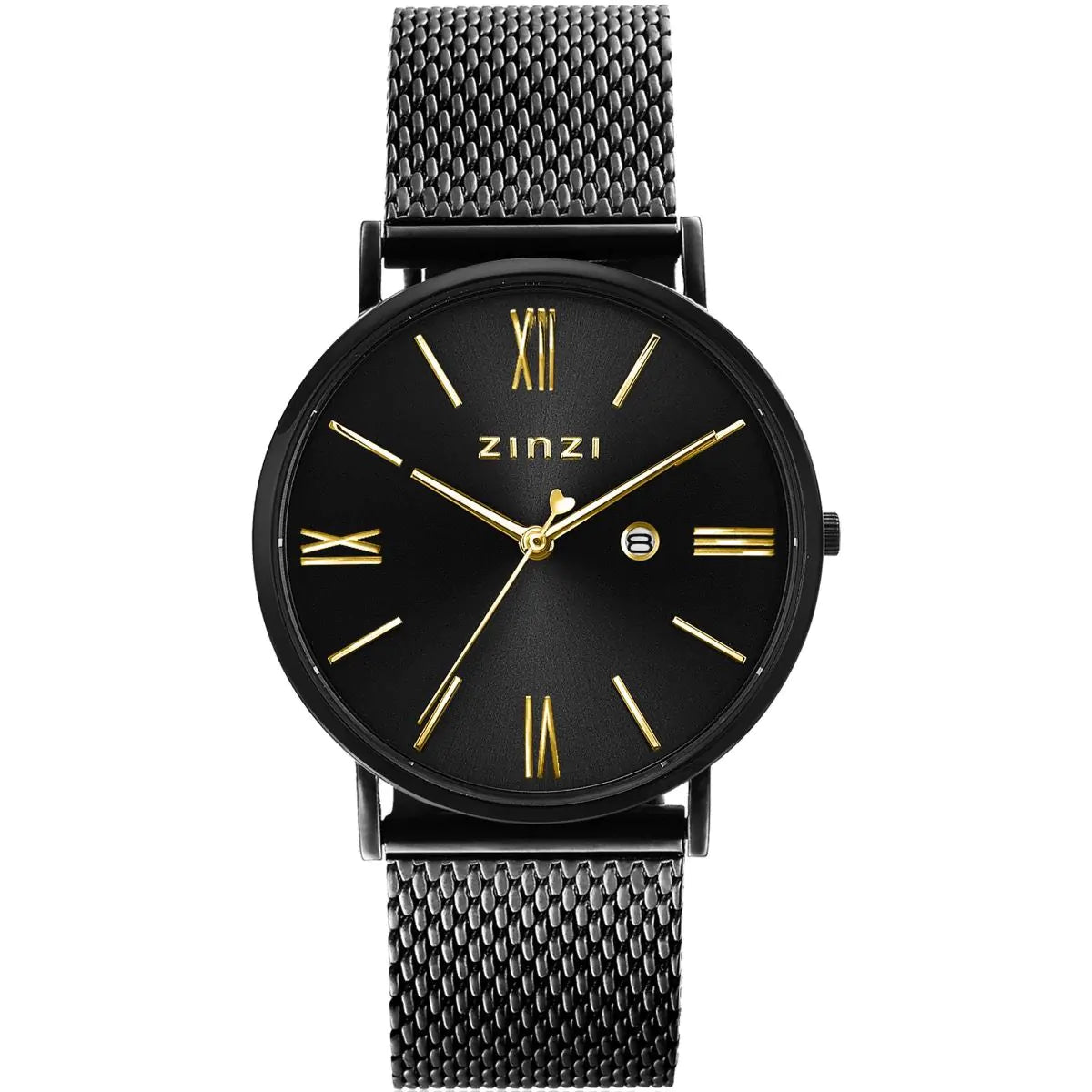 Zwart stalen horloge met mesh-band, ronde wijzerplaat en gouden Romeinse cijfers.