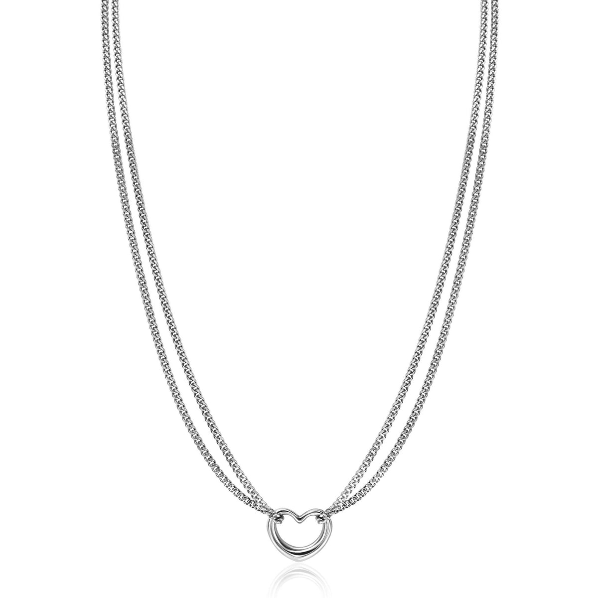 Zilveren ketting met dubbele schakel en een ronde hanger in het midden.