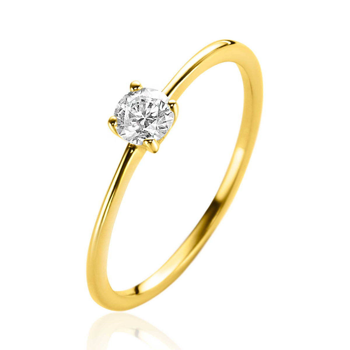 Gouden ring met een enkele ronde diamant in een vierpootzetting.