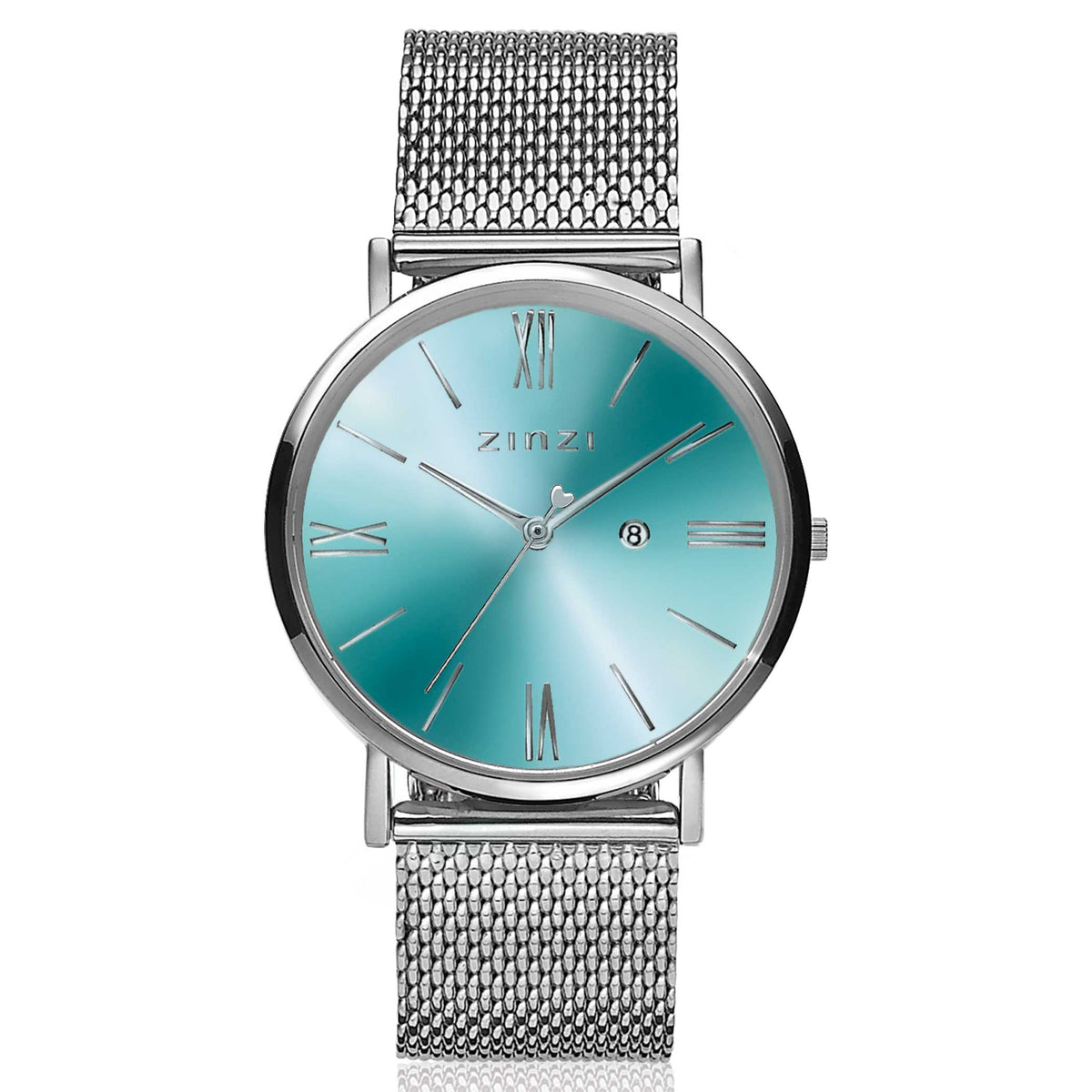 Zilverkleurig horloge van staal met een ronde wijzerplaat in turquoise en een mesh-band.