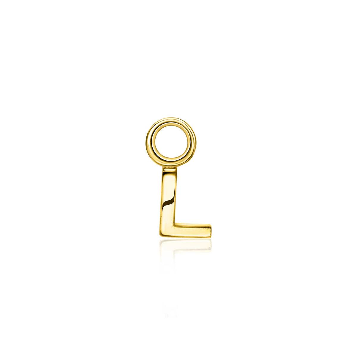 Gouden oorbel met een minimalistisch ontwerp, bestaande uit een cirkel en een L-vorm.