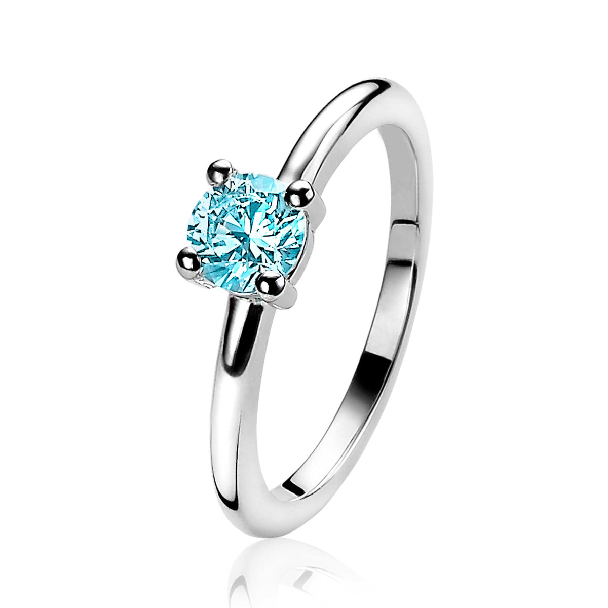 Zilveren ring met een lichtblauwe, vierkante zirkonia in een klassieke zetting.