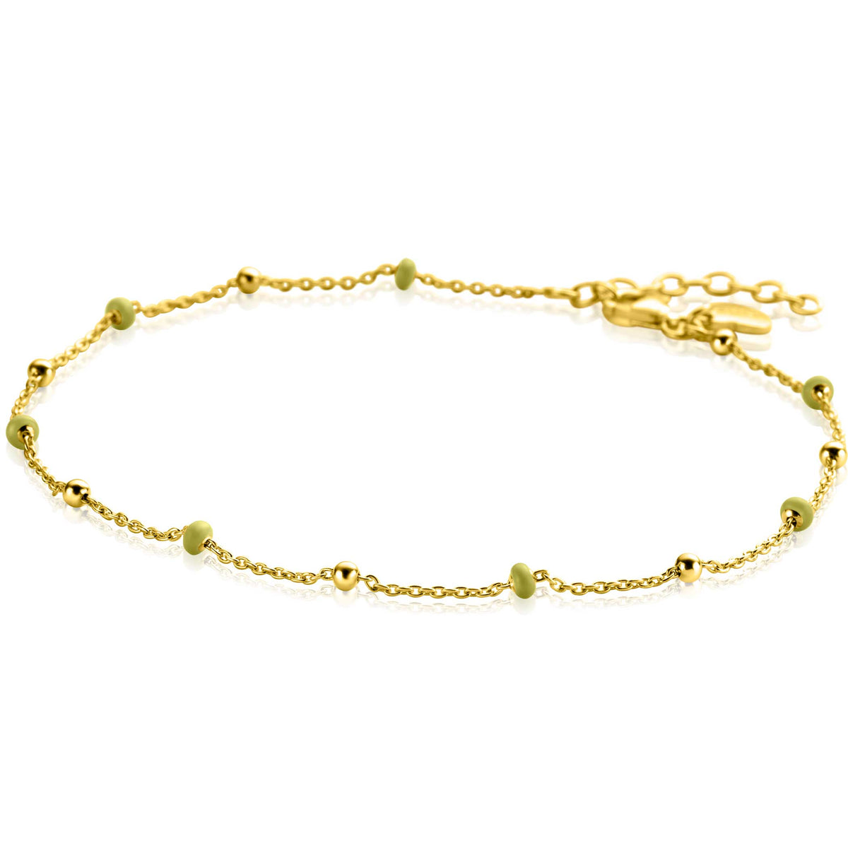 Gouden ketting met kleine groene en gouden bolletjes, fijne schakel en verlengketting.