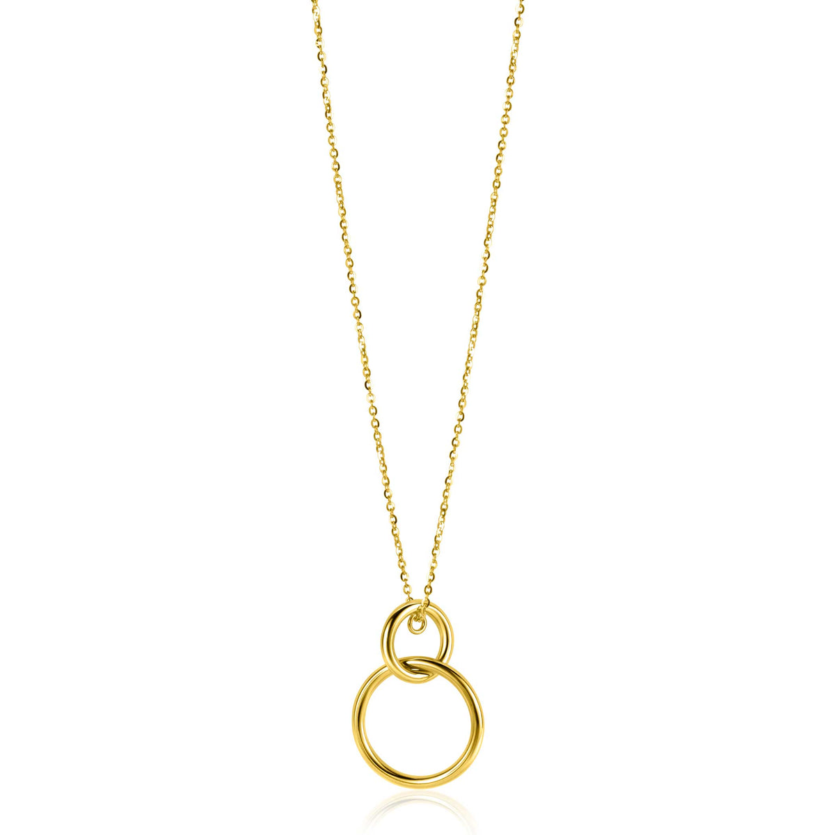 Gouden ketting met een dubbele ringhanger en een fijne schakelketting.