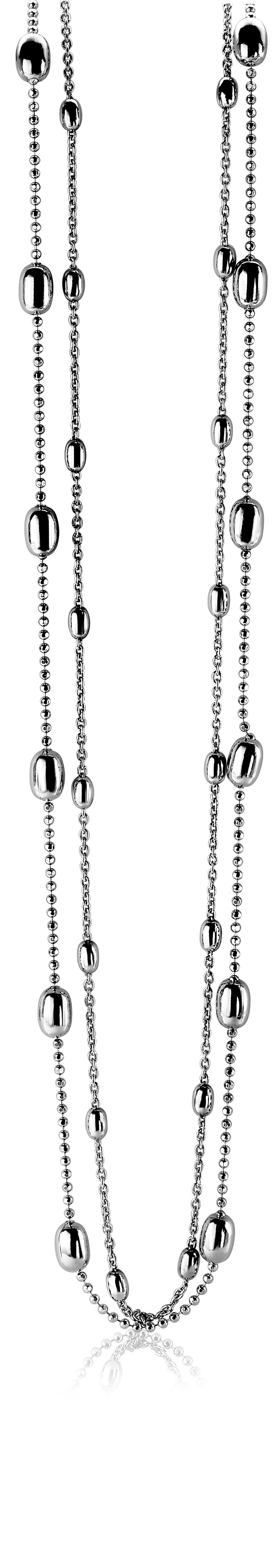 Zilveren ketting met een afwisselend patroon van bolletjes en kralen in verschillende maten.