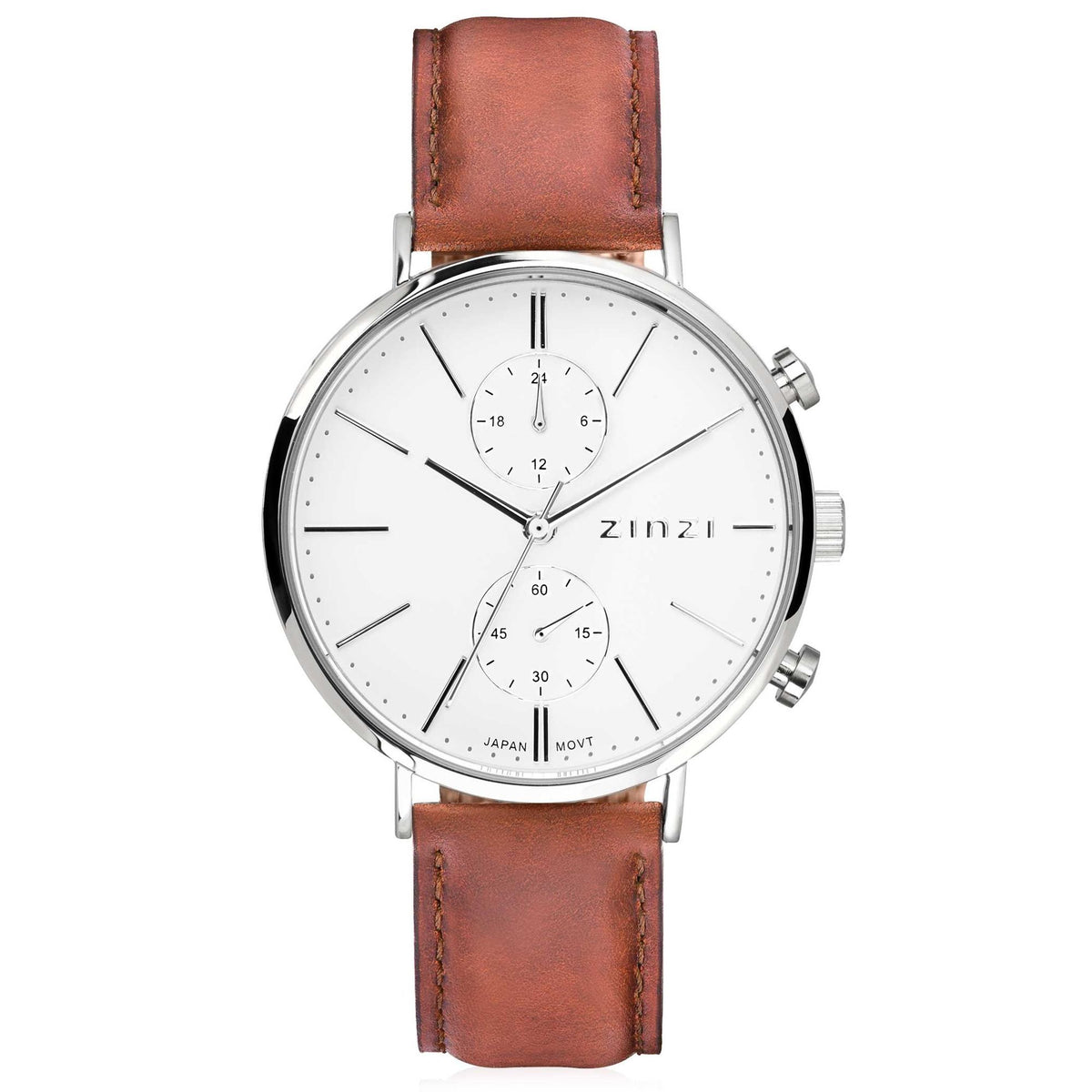 Zilverkleurig horloge van staal met witte wijzerplaat en bruine leren band.