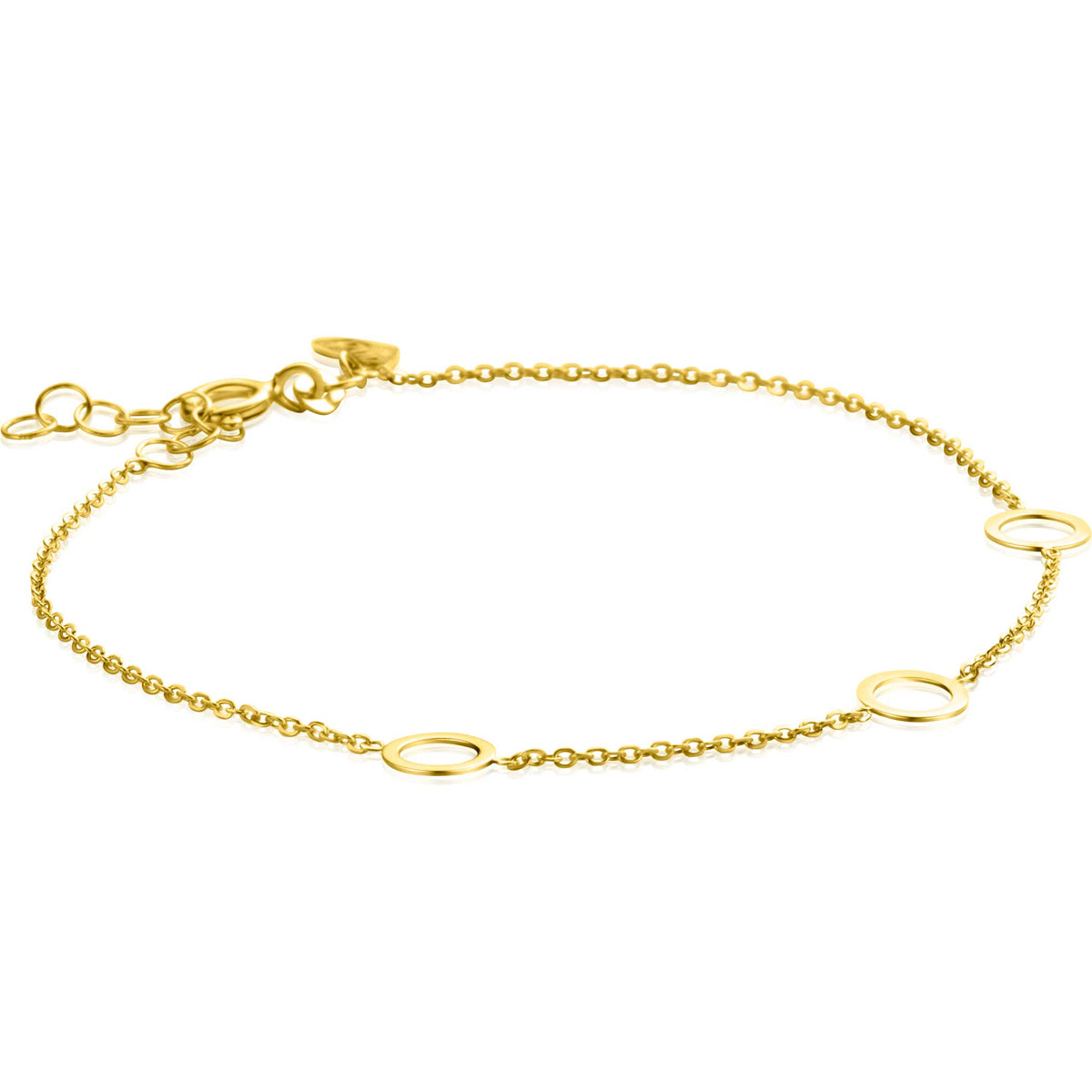 Gouden armband met schakels en ronde openingen, afgewerkt met een fijne ketting.