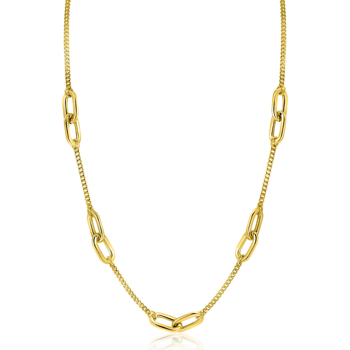 Gouden ketting met schakels en een fijne, glanzende afwerking.
