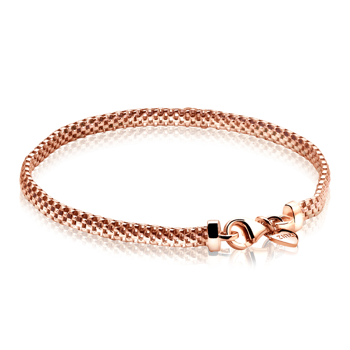 Roségouden armband met een gevlochten mesh-design en een karabijnsluiting.