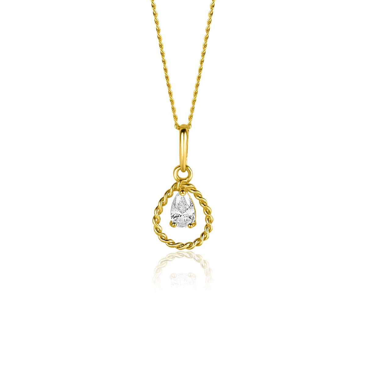 De Zinzi Hangers Goud Zgh478 ketting heeft een luxe, gedraaide hanger met een centrale traanvormige zirkonia, die elegant aan een delicate gouden ketting hangt tegen een witte achtergrond.