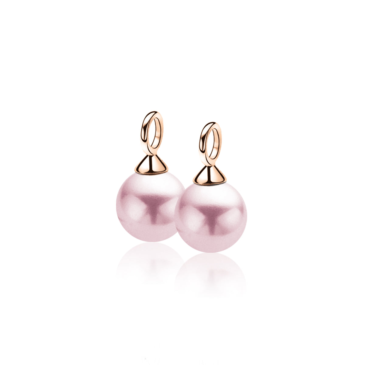 Gouden oorbellen met roze parelvormige hangers en een glanzende afwerking.
