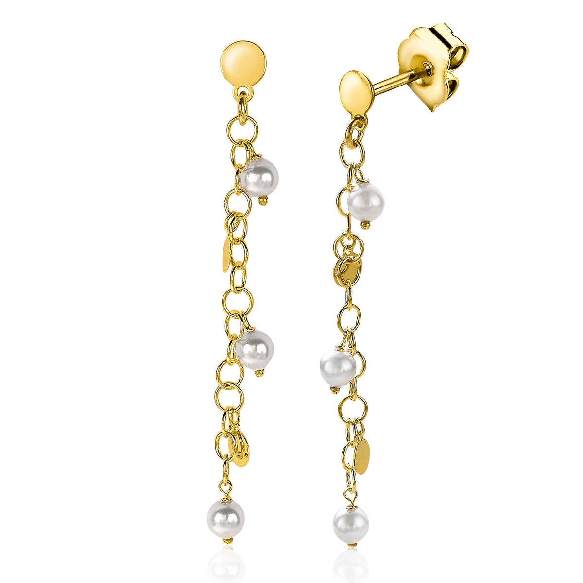 Gouden oorbellen met een hangende ketting, versierd met parelvormige en ronde schijfjes.