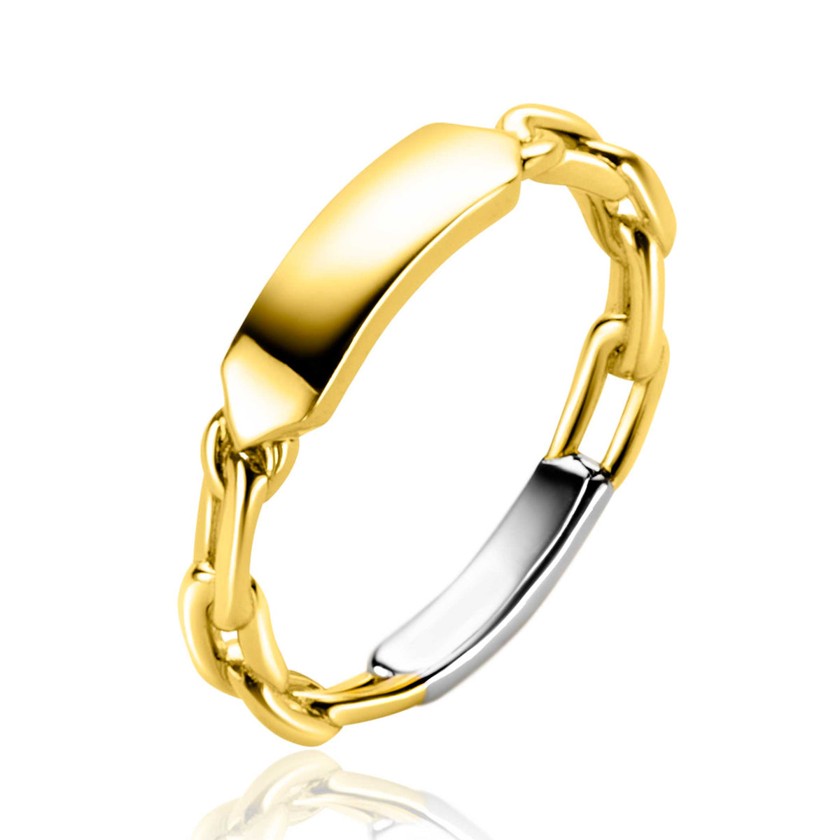 Gouden ring met schakels en een glanzend, plat middenstuk, deels zilverkleurig.