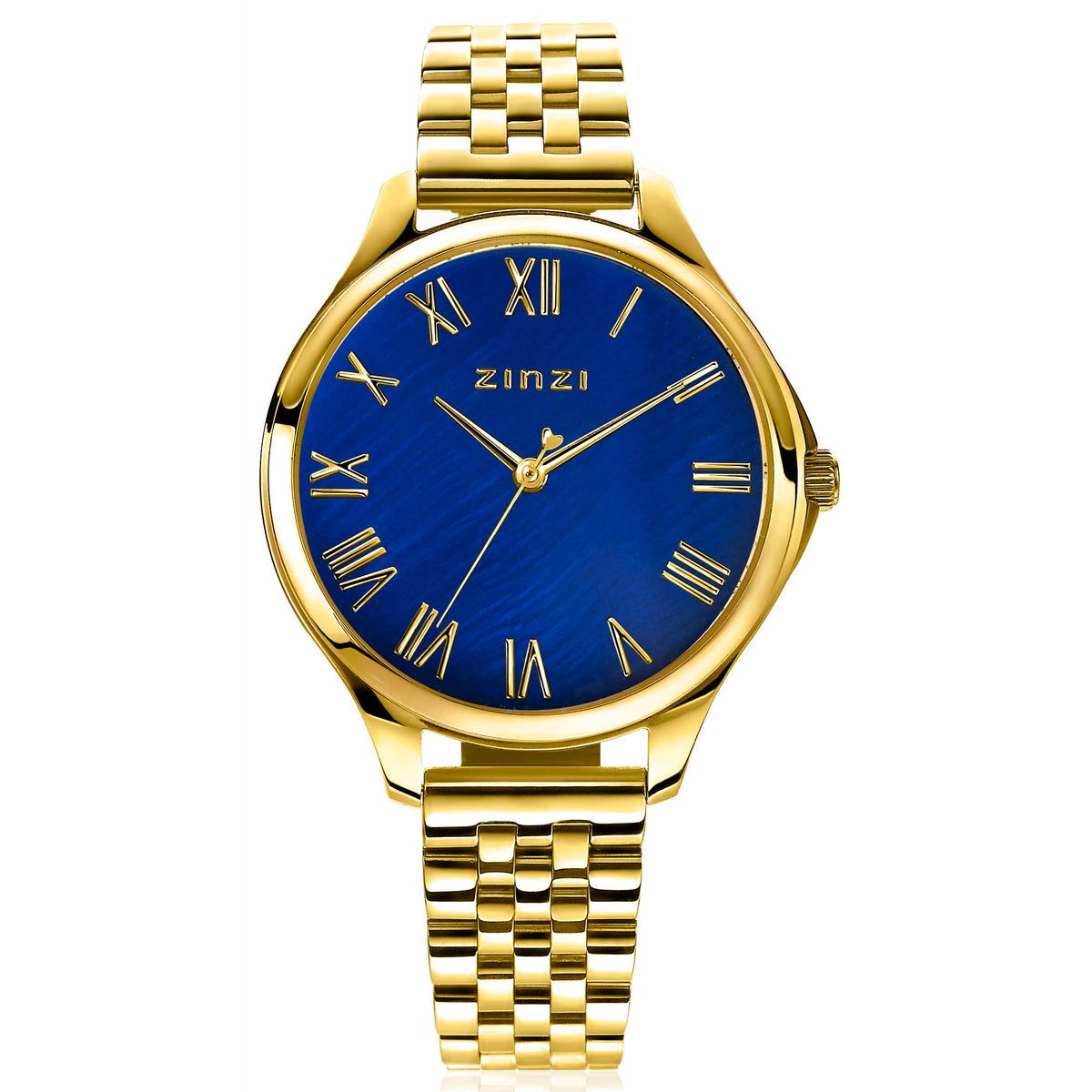 Geelgoudkleurig horloge met blauwe wijzerplaat en Romeinse cijfers, voorzien van een schakelband.