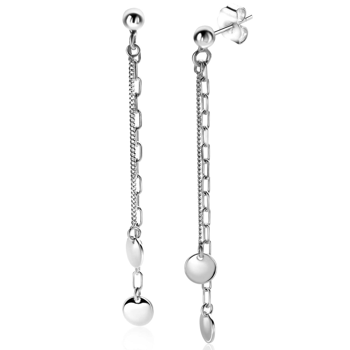 Zilveren oorbellen met lange ketting en ronde schijfjes aan de onderkant.