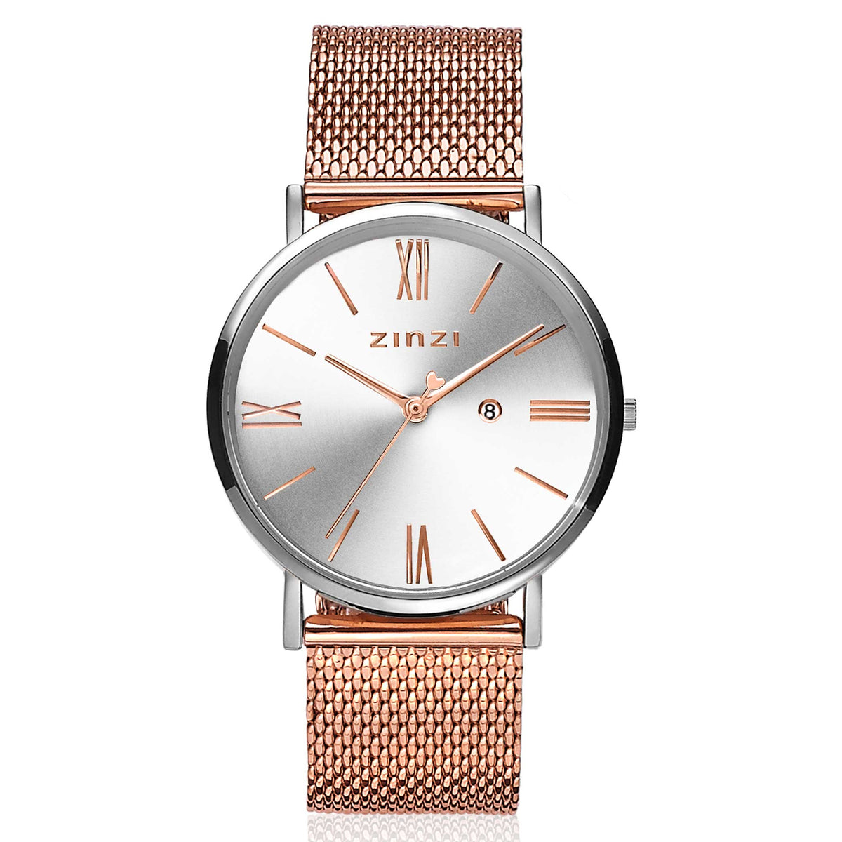 Zilverkleurig horloge met roségouden mesh-band en een ronde wijzerplaat met Romeinse cijfers.