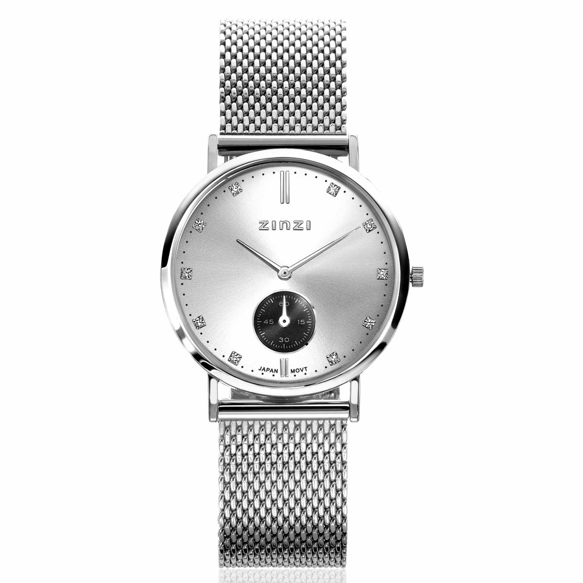 Zilverkleurig horloge van staal met een mesh-band, ronde wijzerplaat en zwarte secondewijzer.